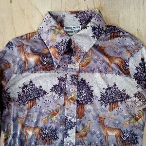 Vintage Gordon Peters Forest Deer Pheasant Polyester Disco Shirt